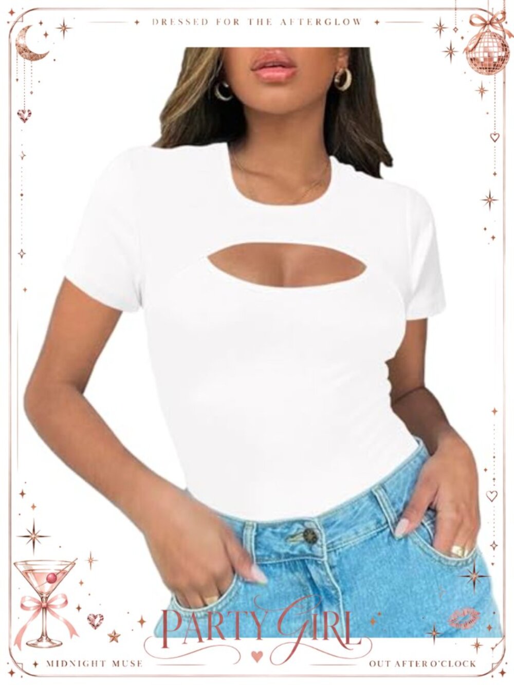 Womens Ribbed Cutout Neck Short Sleeve Fitted T-Shirt Slim Fit Tee